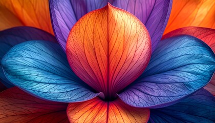 An eye-level macro perspective showcases a vibrant, symmetrical abstract flower. The petals transition through vivid hues of blue, purple, orange, and red
