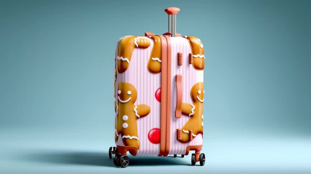 Colorful suitcase featuring playful gingerbread man design, showcasing vibrant patterns and textures, rolling smoothly on wheels, capturing the essence of travel and festive spirit in a delightful mot