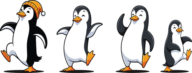 Obraz premium Cartoon penguins dancing in line, winter hat character, joyful animal illustration, playful pose, cute penguin march, fun movement, festive children’s design