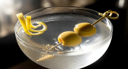 Elegant cocktail with olives and lemon twist served in a glass, showcasing a refined atmosphere