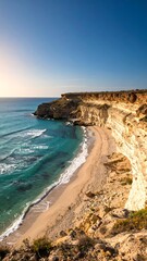 Fototapeta premium Coastal view of a pristine beach nestled at the foot of a dramatic cliff