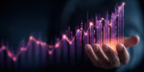 Confident hand presenting glowing digital growth chart depicting financial success and future prosperity in a modern abstract concept