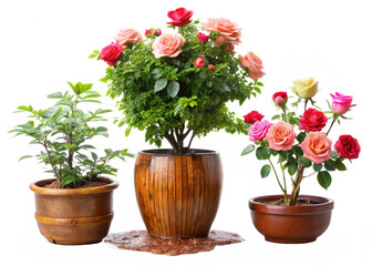Rose plant pot with path line tree purifying tree, vase, wood, flower, flowers, rainy season, room, hotel, interior, beautiful, fresh, tree, wooden, floral isolated on white background