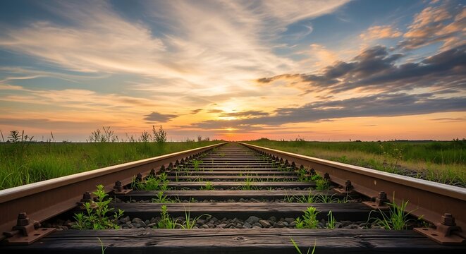 Empty train tracks stretch towards a vibrant sunset horizon.