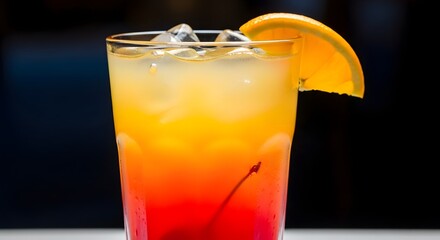 Vibrant layered cocktail with ice and orange slice, set against a blurred background in a bar