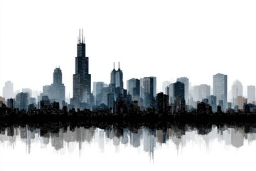 Fototapeta premium Stunning modern city skyline silhouette reflects beautifully on calm water, perfect for corporate and urban themes