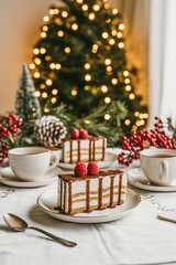 Elegant christmas dessert with slices of tiramisu cake, coffee cups, and a decorated christmas tree in the background