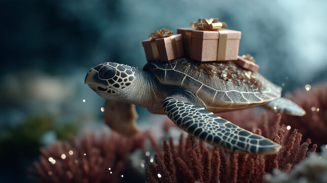 A delightful anthropomorphic sea turtle carries gifts on its shell swimming slowly through coral reefs with starfish guides an ocean winter current with frosted algae and glowing