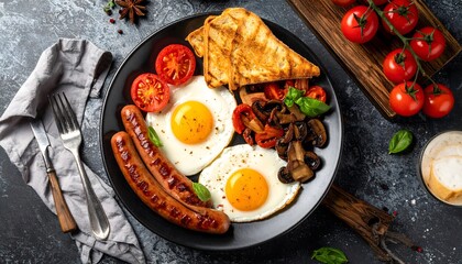 Delicious Breakfast Fried Eggs, Sausages, Tomatoes, Mushrooms, and Toast