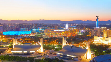 Aerial night view of Beijing Olympic venue landmarks, China