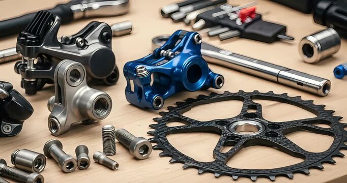 Close up video showcase of bicycle parts and accessories on a wooden surface, maintenance and