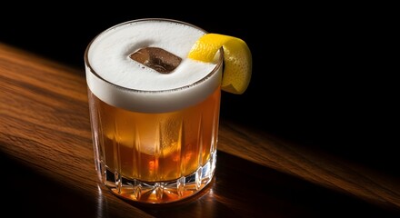 Refreshing cocktail served in a crystal glass, garnished with a lemon slice, on a wooden table