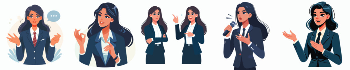 Businesswoman Presentation and Public Speaking Vector Set &ndash; Professional Women Explaining and Communicating