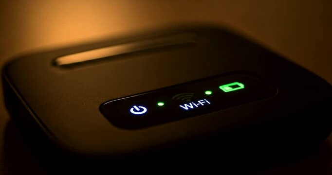 Close-Up Animation of a Portable Wi-Fi Hotspot Device with Glowing Indicators 60 characters