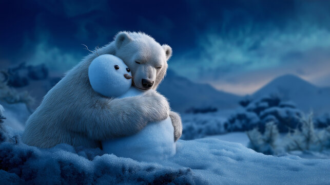 A sweet anthropomorphic polar bear hugs a snowman friend melting it slightly with warmth an icy tundra with frosted hills and aurora lights in the background a heartwarming