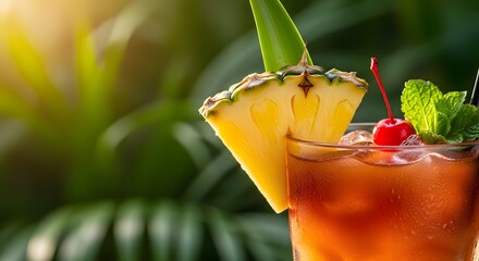Refreshing tropical cocktail garnished with pineapple and cherry, set against lush green foliage