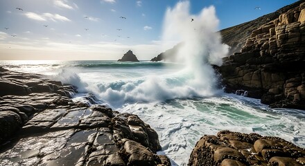 Dramatic Ocean Waves Crashing on Rocks.
