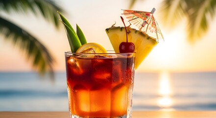 Refreshing tropical cocktail with fruit garnishes on a beach at sunset, evoking relaxation and leisure