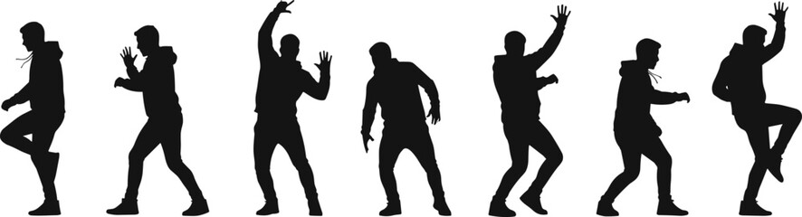Dynamic hoodie silhouette poses, expressive dance movements, urban street style, black figure illustration, body language, motion sequence, choreography, youth culture, vector art
