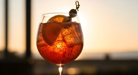 Refreshing cocktail with citrus garnishes in a glass against a sunset backdrop at a beachside bar