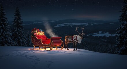 Magical Christmas Sleigh with Reindeer in Snowy Landscape Under Starry Night Sky