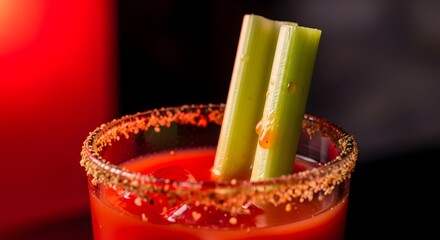 Refreshing cocktail garnished with celery sticks in a vibrant setting with blurred background lights