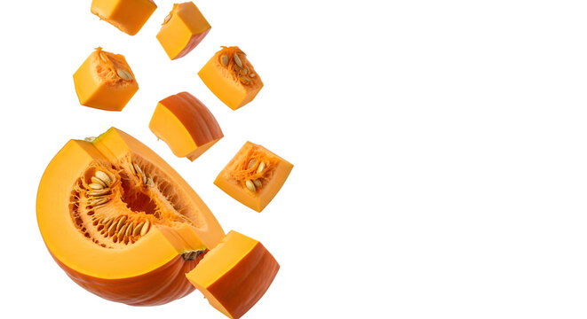 Sliced pumpkin pieces falling isolated on transparent background