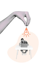 Creative trend artwork 3D collage sketch of huge hand hold idea lamp bulb young man work laptop...