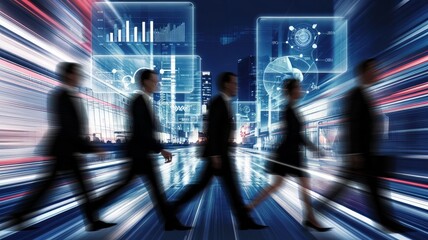A group of business professionals walking together at night, with urban city lights and digital data graphics surrounding them.