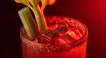 Refreshing cocktail garnished with celery sticks, served in a glass with a salted rim, against a red backdrop