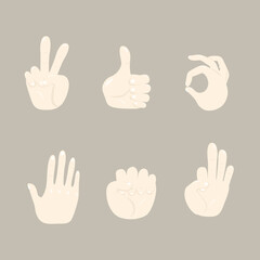 Fototapeta premium Hands poses. Hands in various gestures of pointing gestures, fingers crossed, fist, peace and thumb up. Cartoon human palms and wrist vector set. Communication or talking with emoji for messengers.