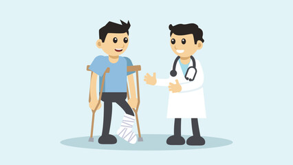 Doctor Consulting a Patient with Broken Leg and Crutches – Flat Vector Illustration