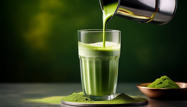 vibrant green matcha latte is poured from a metal shaker into a textured glass showcasing its creamy consistency and inviting color this image embodies healthy beverages modern cafe culture
