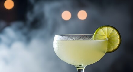 Refreshing cocktail served in a glass with a lime garnish, amidst a smoky atmosphere and soft lights