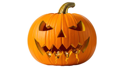 Carved halloween pumpkin with creepy teeth, isolated on transparent background