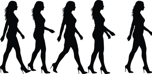 Walking woman silhouette, fashion model, high heels, motion sequence, side profile, dynamic movement, hairstyle flowing, elegance, runway style, animation reference