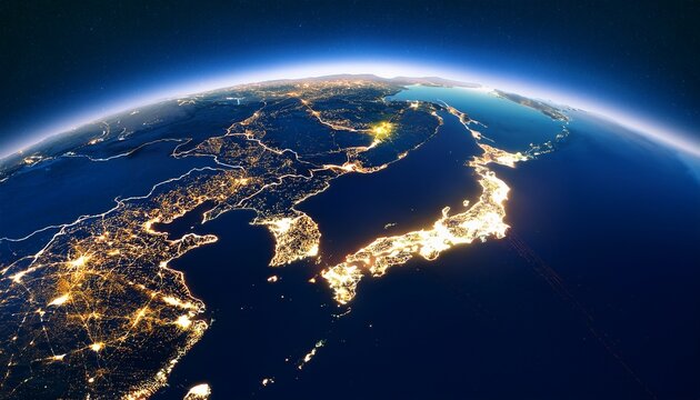 a breathtaking night view of earth from space brilliantly showcasing the illuminated cities of japan south korea and parts of china symbolizing global connectivity economic power