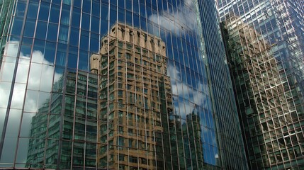Naklejka premium Skyscrapers reflecting other buildings and the sky in their glass windows