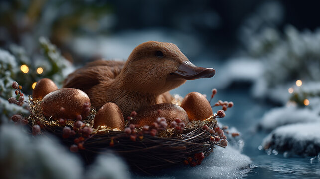 A silly anthropomorphic platypus lays chocolate eggs in a nest lined with tinsel and holly berries hatching into festive toys a snowy riverbank with frosted reeds and a sparkling