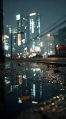 City Night Reflections On Wet Pavement