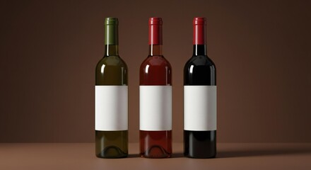 Classic Wine Bottle Trio: Blank Labels, Distinct Glass Colors, and Subtle Metallics