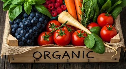 Fresh organic produce in a wooden crate, perfect for healthy eating and farm-to-table concepts.