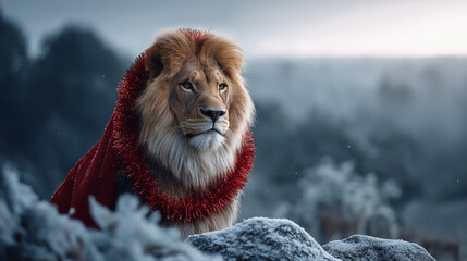 A whimsical anthropomorphic lion dresses its mane as a Santa beard with tinsel sitting on a snowy pride rock with frosted rocks and animal friends a winter savanna with distant