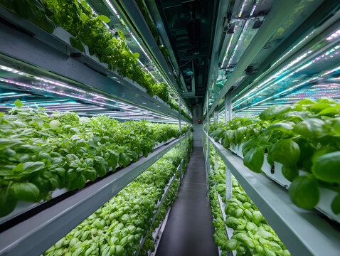 Vertical farm indoor agriculture hydroponic system green leafy vegetable artificial light modern technology sustainable food urban farming fresh basil healthy growth