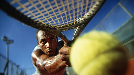 Focused Tennis Player Hitting Ball