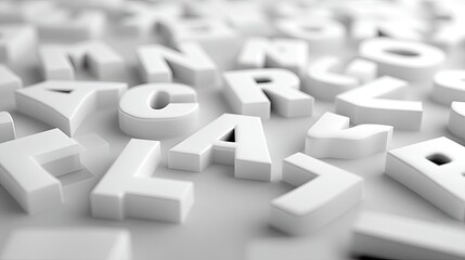 Scattered White Alphabet Letters on a White Plain Background with Shallow Depth of Field and Soft Lighting Creates Minimalist Style