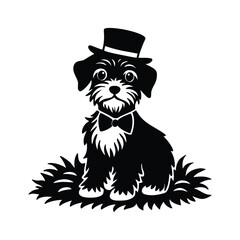 Dandie Dinmont Terrier wearing a top hat and monocle bow