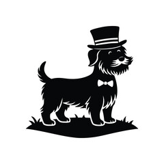 Dandie Dinmont Terrier wearing top hat and monocle accessory