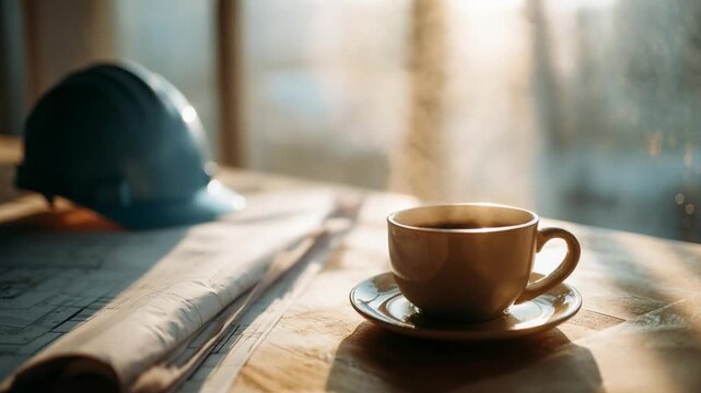 Coffee Break at the Construction Site: A steaming cup of coffee sits on a sunlit worktable beside a blueprint and a hard hat, suggesting a moment of respite amidst the demanding work