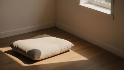 Fototapeta premium A single cushion rests on a wooden floor bathed in sunlight.